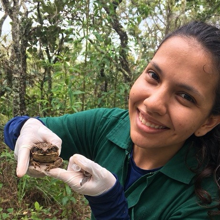 Bianca Barbara em trabalho de campo na mata, de uniforme e luvas, segurando um sapo